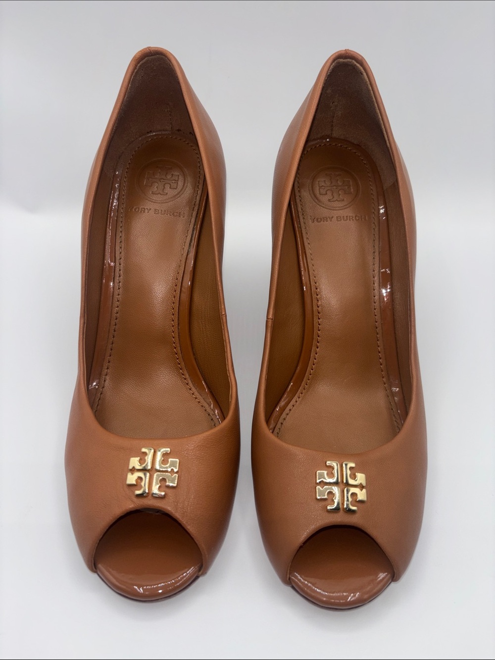 Tory Burch Caramel Leather Peep-Toe Wedges with Gold Logo
